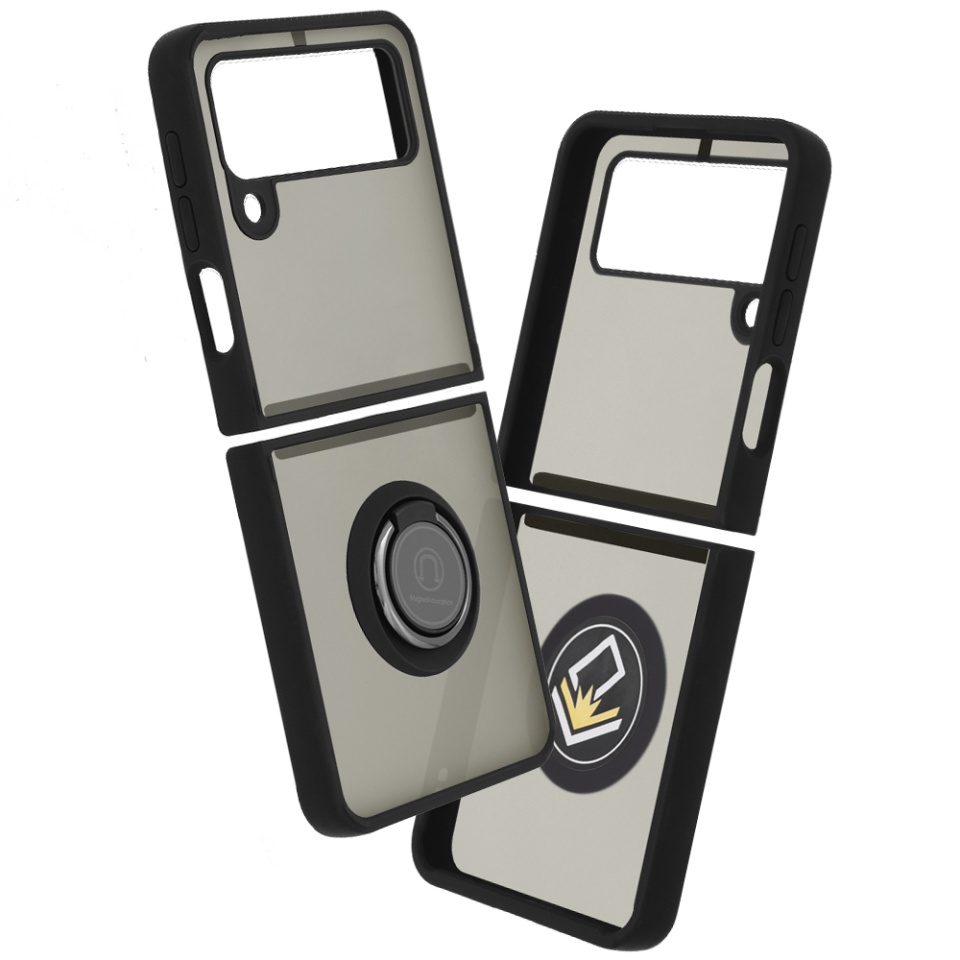 Husa pentru Samsung Galaxy Z Flip3 5G, SKYDDAR INNOVATION, Glinth cu Inel Rotativ 360° Magnetic, Negru, set cu sticker