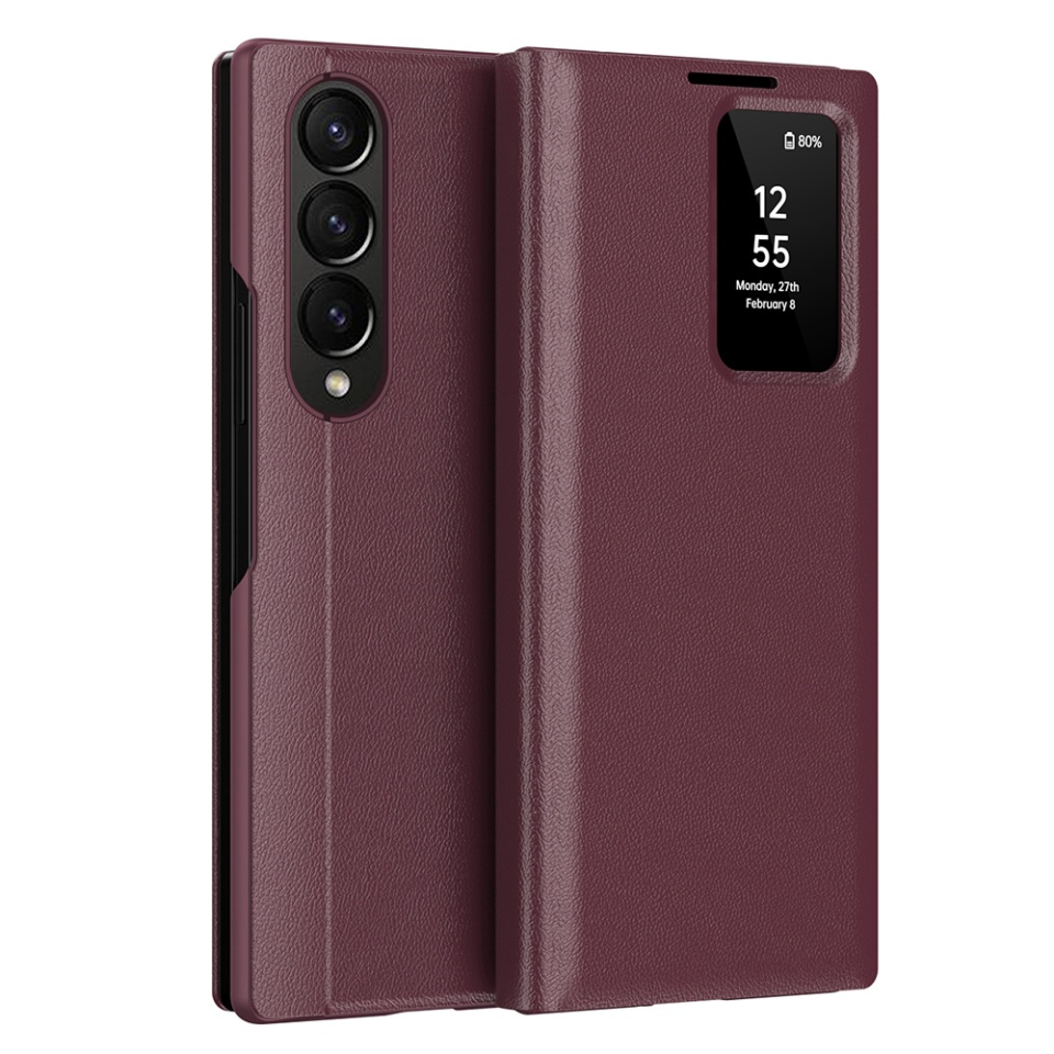 Husa pentru Samsung Galaxy Z Fold3 5G tip carte, Skyddar, cu portofel si SmartView, Premium, set cu sticker, Rosu