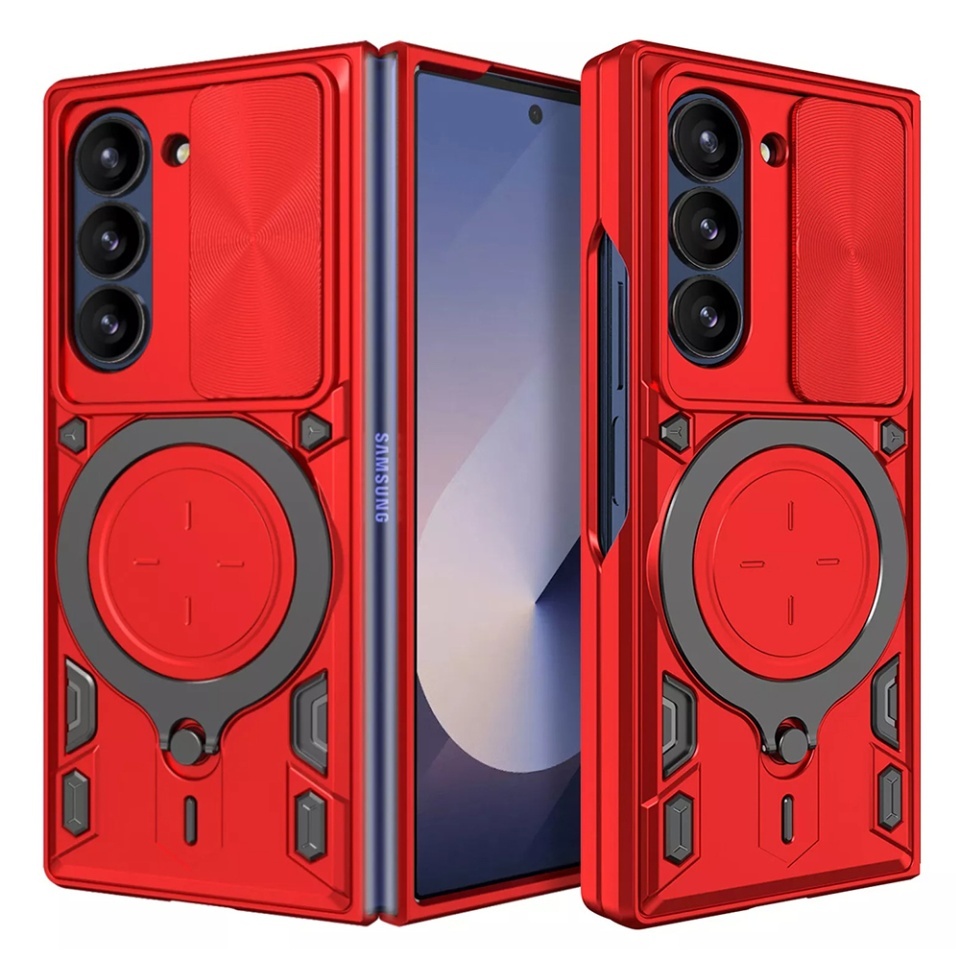 Husa pentru Samsung Galaxy Z Fold6, SKYDDAR INNOVATION, CamGuard Pro, Inel Magnetic, Protectie Camera, set cu sticker, Rosu