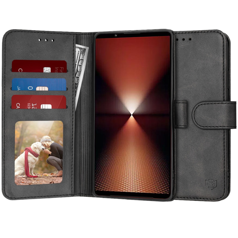 Husa pentru Sony Xperia 1 VI, SKYDDAR INNOVATION, Diary Book, tip carte, cu Portofel Interior, Antisoc, Negru, set cu sticker