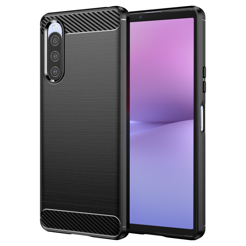 Husa pentru Sony Xperia 10 V, SKYDDAR INNOVATION, Carbon Silicone, din Silicon Slim, cu textura Fibra Carbon, set cu sticker, Negru