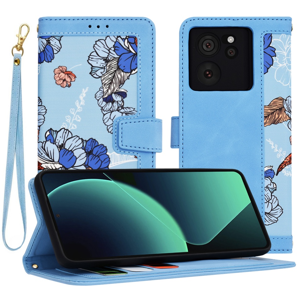 Husa pentru Xiaomi 13T / 13T Pro din Piele Ecologică cu Design Floral, Protecție 360°, Stand Integrat, Buzunare pentru Carduri, SKDR Floral Wallet - Bleu