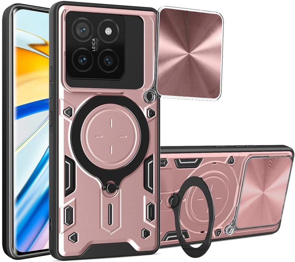 Husa pentru Xiaomi 14T, cu inel magnetic si suport ajustabil, protectie completa camera, SKDR SafeCover - Roz auriu