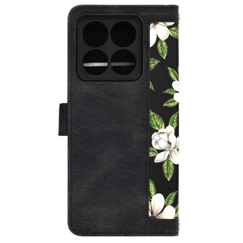 Husa pentru Xiaomi 14T din Piele Ecologică cu Design Floral, Protecție 360°, Stand Integrat, Buzunare pentru Carduri, SKDR Floral Wallet - Negru - 3 | YEO