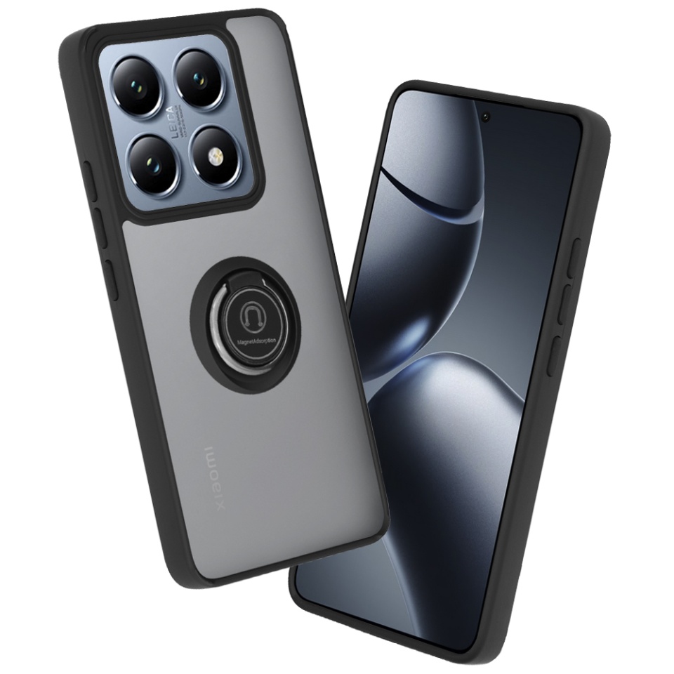 Husa pentru Xiaomi 14T Pro, SKYDDAR INNOVATION, Glinth cu Inel Rotativ 360° Magnetic, Negru, set cu sticker