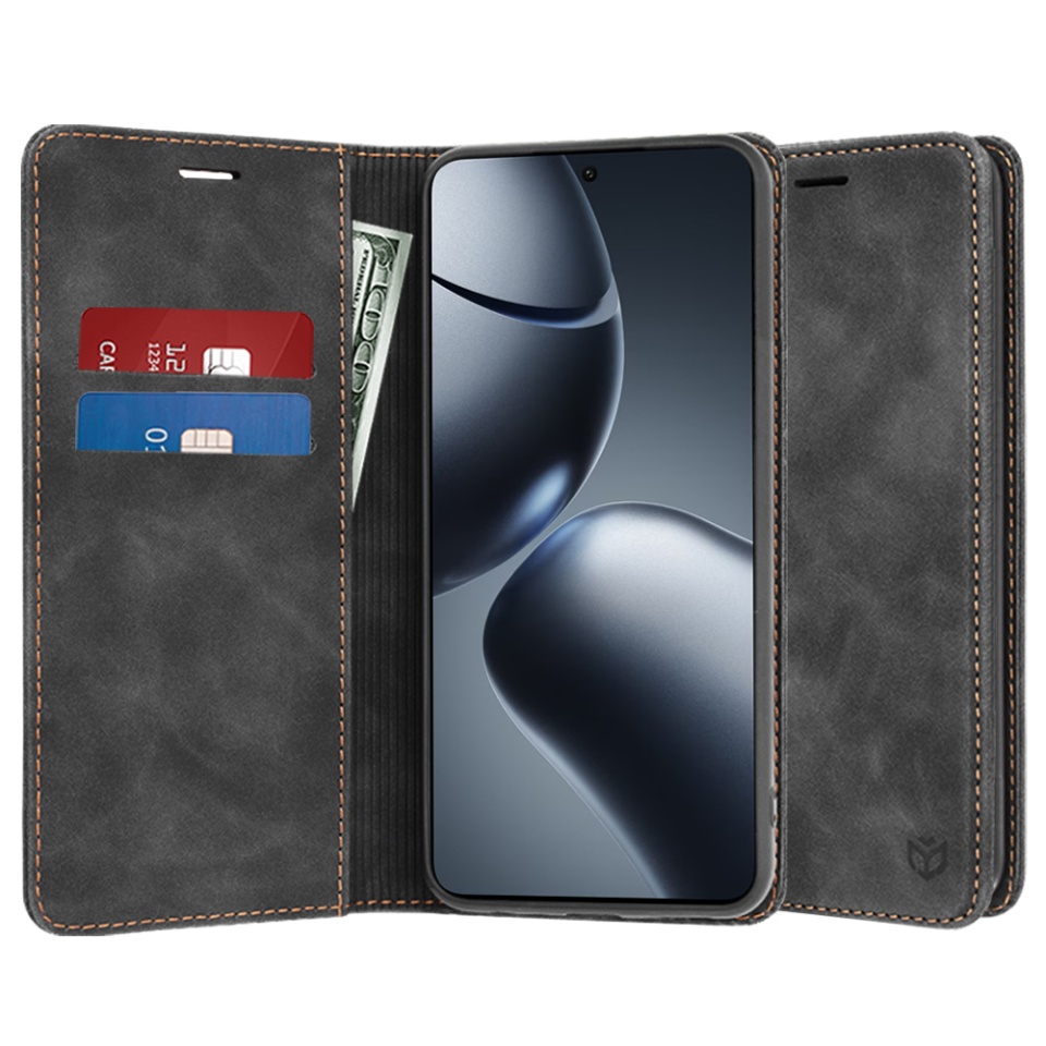 Husa pentru Xiaomi 14T Pro, SKYDDAR INNOVATION, Soft Wallet, tip Carte din piele Eco Premium, cu Portofel Interior, Negru, set cu sticker