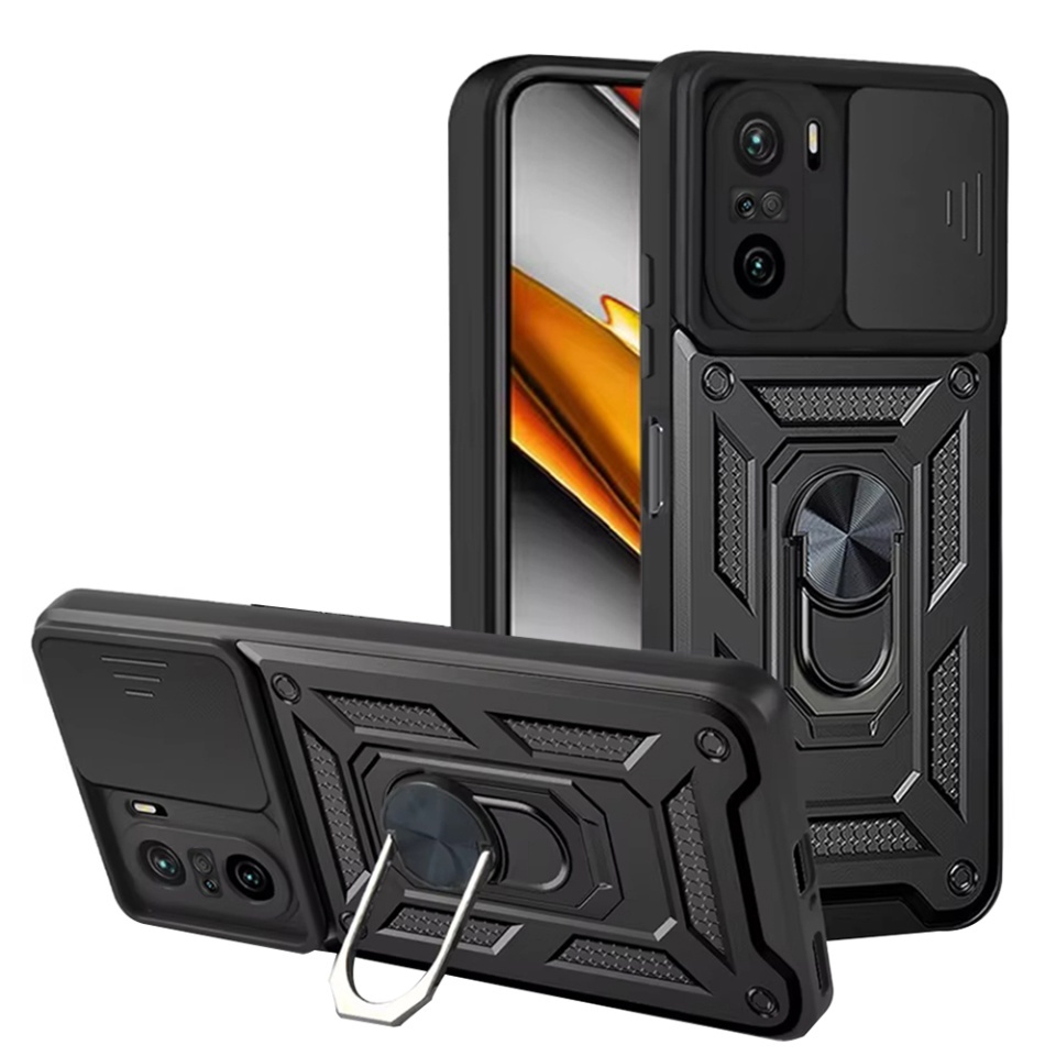 Husa pentru Xiaomi Poco F3 / Mi 11i, SKYDDAR INNOVATION, CamShield, Inel magnetic, set cu sticker, Negru