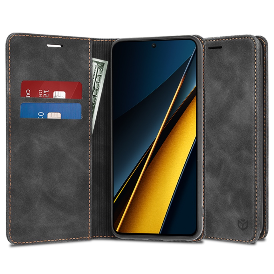 Husa pentru Xiaomi Poco X6 Pro, SKYDDAR INNOVATION, Soft Wallet, tip Carte din piele Eco Premium, cu Portofel Interior, Negru, set cu sticker