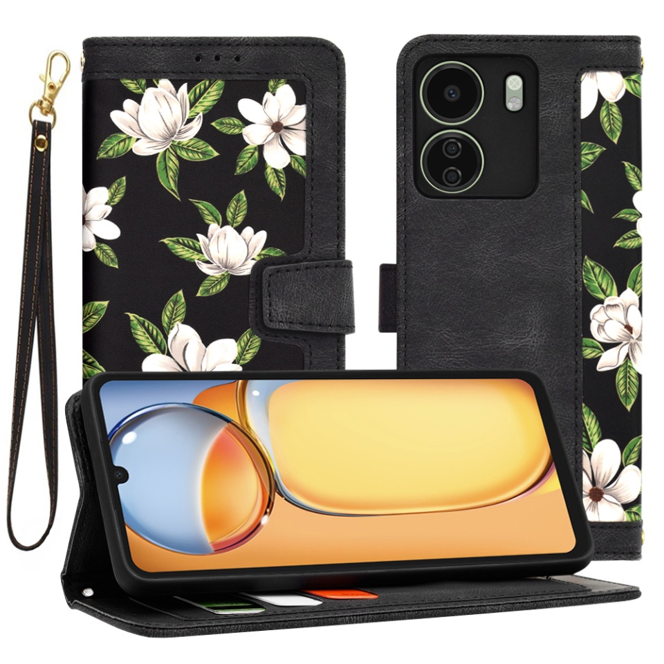 Husa pentru Xiaomi Redmi 13C 4G / Poco C65 din Piele Ecologică cu Design Floral, Protecție 360°, Stand Integrat, Buzunare pentru Carduri, SKDR Floral Wallet - Negru