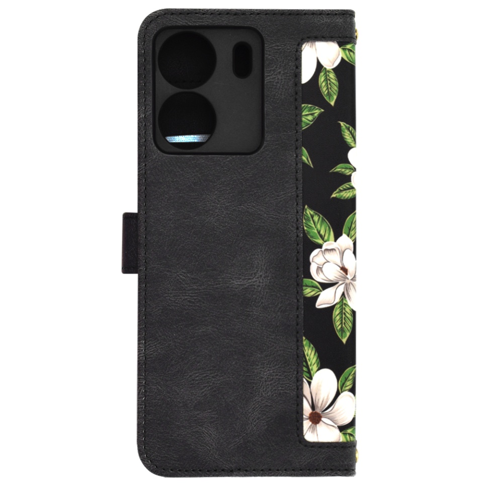 Husa pentru Xiaomi Redmi 13C 4G / Poco C65 din Piele Ecologică cu Design Floral, Protecție 360°, Stand Integrat, Buzunare pentru Carduri, SKDR Floral Wallet - Negru - 3 | YEO