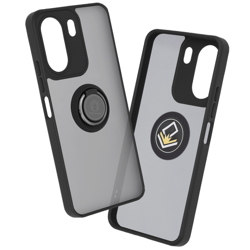 Husa pentru Xiaomi Redmi 13C 4G / Poco C65, SKYDDAR INNOVATION, Glinth cu Inel Rotativ 360° Magnetic, Negru, set cu sticker