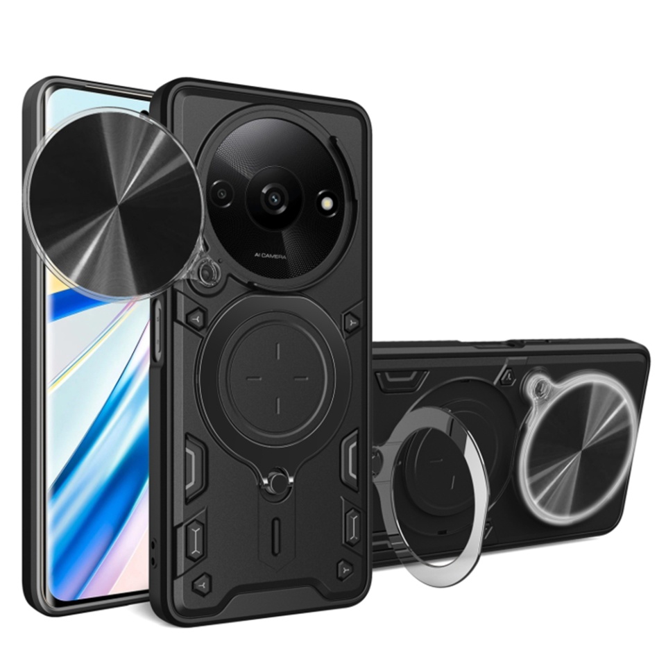 Husa pentru Xiaomi Redmi A3, cu inel magnetic si suport ajustabil, protecție completa camera, SKDR SafeCover - Negru
