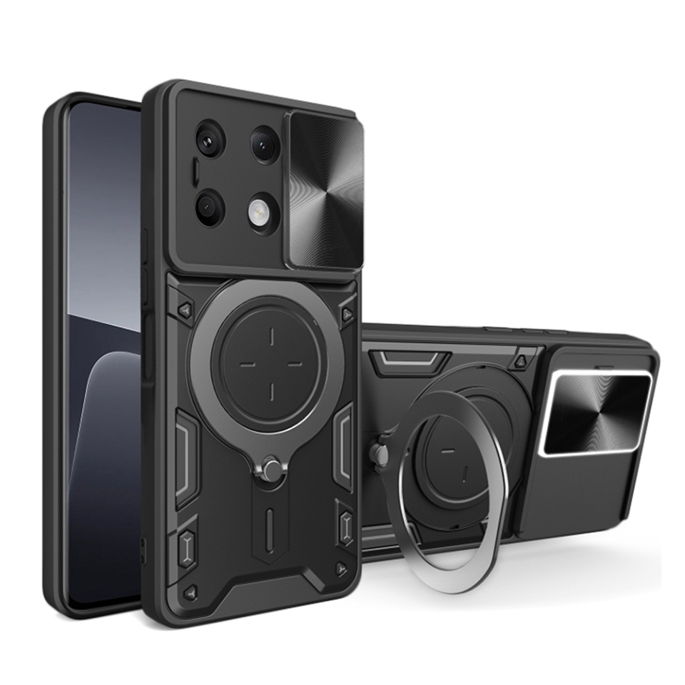 Husa pentru Xiaomi Redmi Note 13 4G, cu inel magnetic si suport ajustabil, protecție completa camera, SKDR SafeCover - Negru