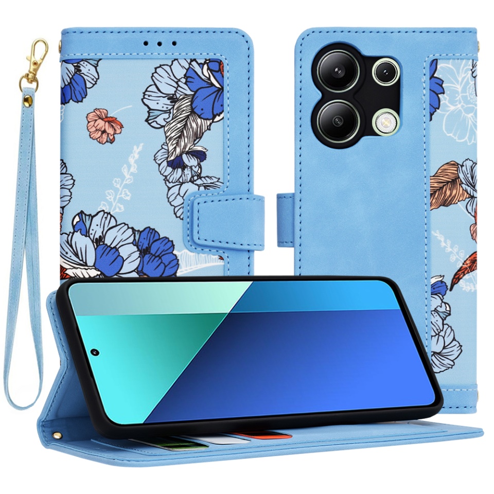 Husa pentru Xiaomi Redmi Note 13 4G din Piele Ecologică cu Design Floral, Protecție 360°, Stand Integrat, Buzunare pentru Carduri, SKDR Floral Wallet - Bleu