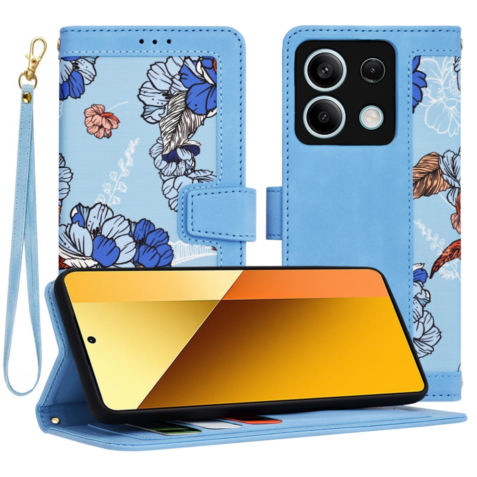 Husa pentru Xiaomi Redmi Note 13 5G din Piele Ecologică cu Design Floral, Protecție 360°, Stand Integrat, Buzunare pentru Carduri, SKDR Floral Wallet - Bleu