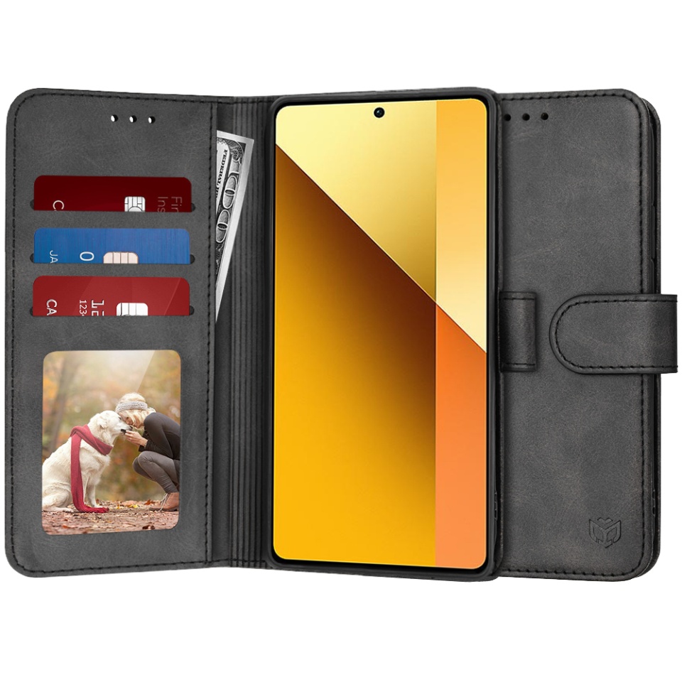 Husa pentru Xiaomi Redmi Note 13 5G, SKYDDAR INNOVATION, Diary Book, tip carte, cu Portofel Interior, Antisoc, Negru, set cu sticker