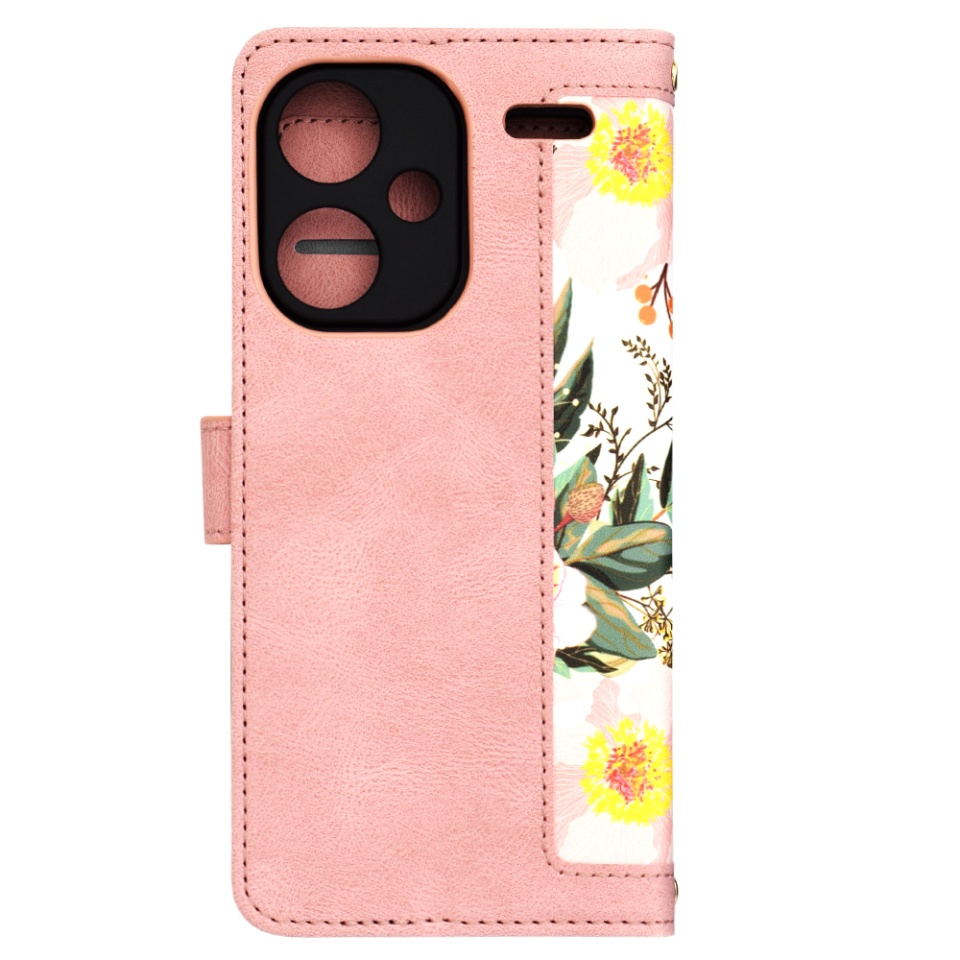 Husa pentru Xiaomi Redmi Note 13 Pro+ 5G din Piele Ecologică cu Design Floral, Protecție 360°, Stand Integrat, Buzunare pentru Carduri, SKDR Floral Wallet - Roz - 3 | YEO