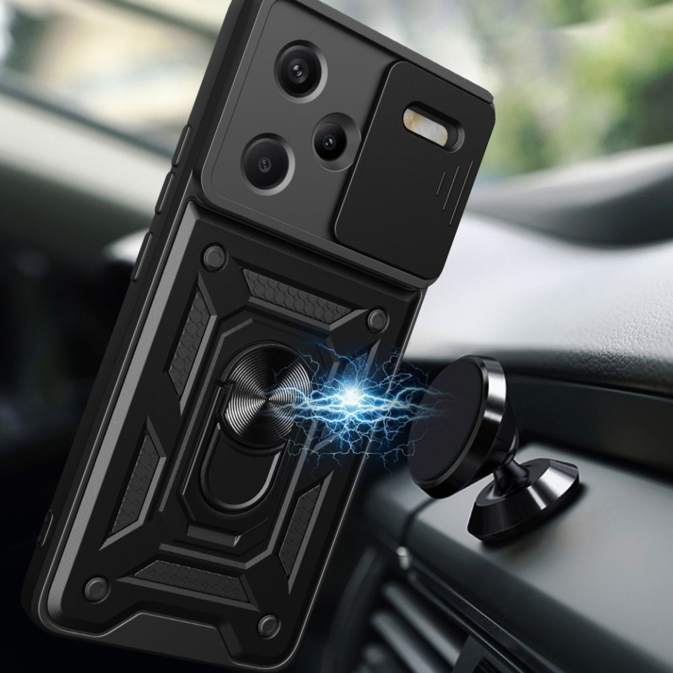 Husa pentru Xiaomi Redmi Note 13 Pro+ 5G, SKYDDAR INNOVATION, CamShield, Inel magnetic, set cu sticker, Negru - 3 | YEO