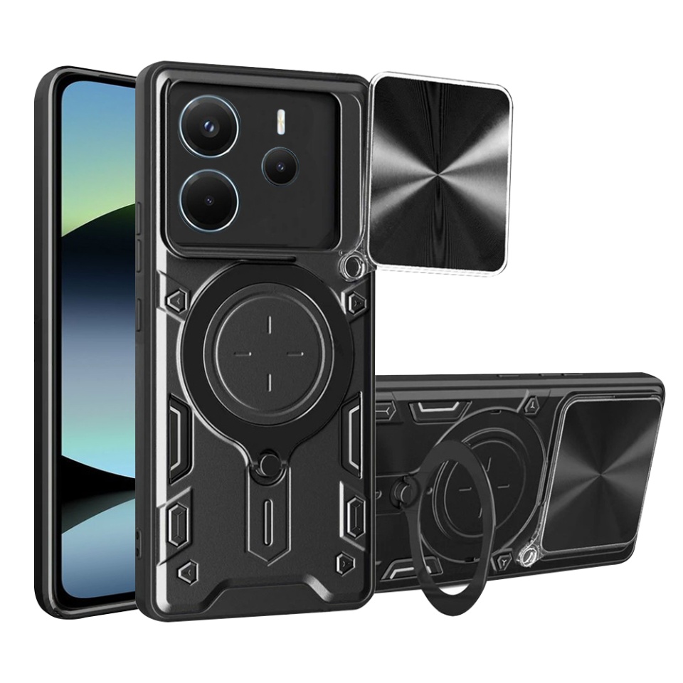 Husa pentru Xiaomi Redmi Note 14 4G, cu inel magnetic si suport ajustabil, protectie completa camera, SafeCover cu sticker - Negru