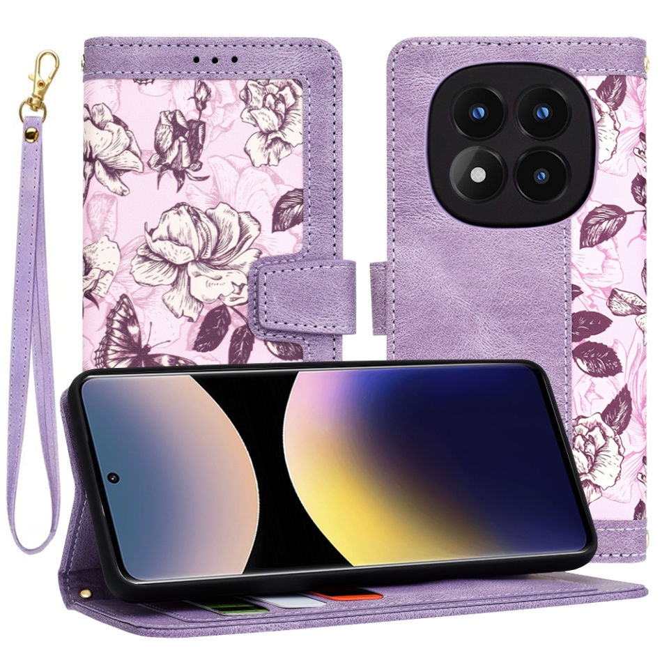 Husa pentru Xiaomi Redmi Note 14 Pro 4G / Poco F7, SKYDDAR INNOVATION, Floral Wallet, din Piele Ecologică cu Design Floral, Protecție 360°, Stand Integrat, Buzunare pentru Carduri, Mov, set cu sticker