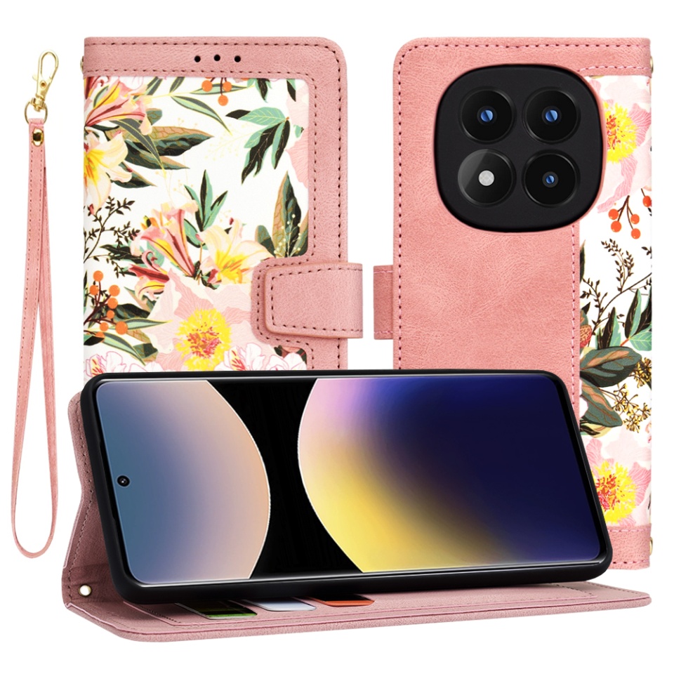 Husa pentru Xiaomi Redmi Note 14 Pro+ 5G, SKYDDAR INNOVATION, Floral Wallet, din Piele Ecologică cu Design Floral, Protecție 360°, Stand Integrat, Buzunare pentru Carduri, Roz, set cu sticker