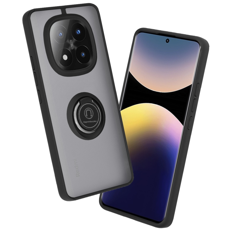 Husa pentru Xiaomi Redmi Note 14 Pro+ 5G, SKYDDAR INNOVATION, Glinth cu Inel Rotativ 360° Magnetic, Negru, set cu sticker