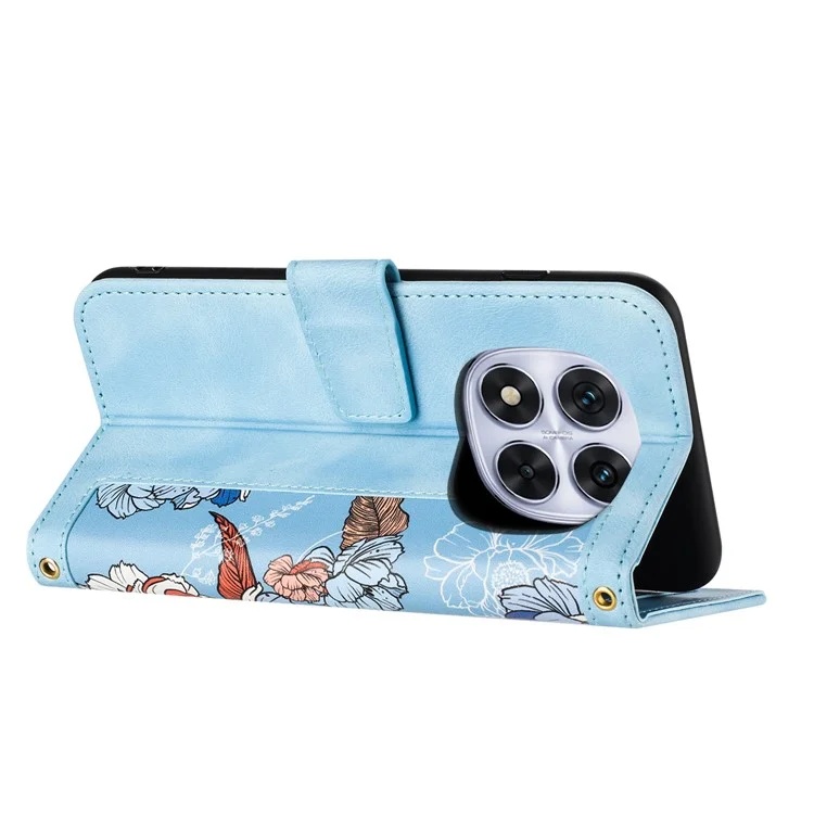 Husa pentru Xiaomi Redmi Note 14 Pro din Piele Ecologică cu Design Floral, Protecție 360°, Stand Integrat, Buzunare pentru Carduri, SKDR Floral Wallet - Bleu - 3 | YEO
