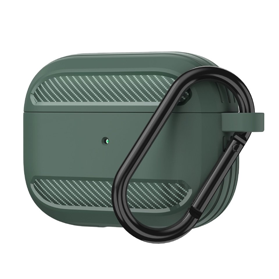 Husa Protectie pentru AirPods 3, din Fibra de Carbon Silicon, cu Breloc Carabina, Incarcare Wireless, EarSafe - Verde