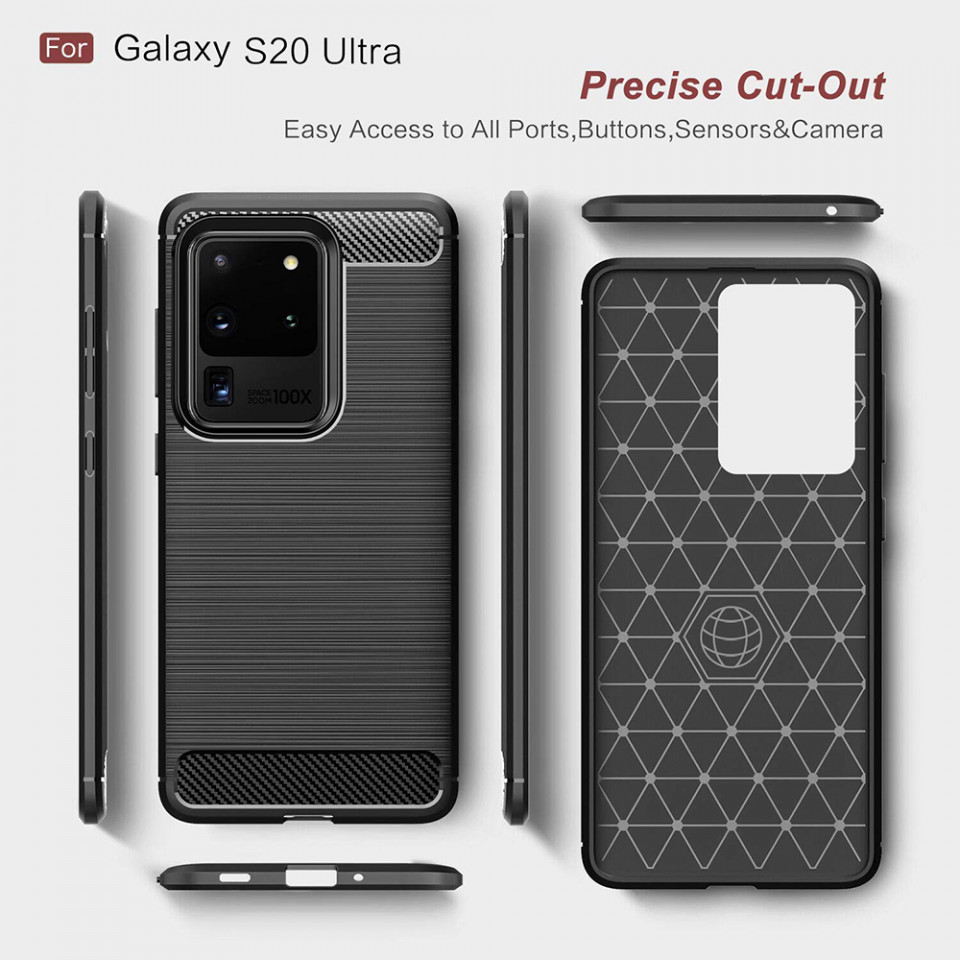 Husa Samsung Galaxy S20 Ultra din silicon, Slim, cu textura Fibra Carbon - Negru - 2 | YEO