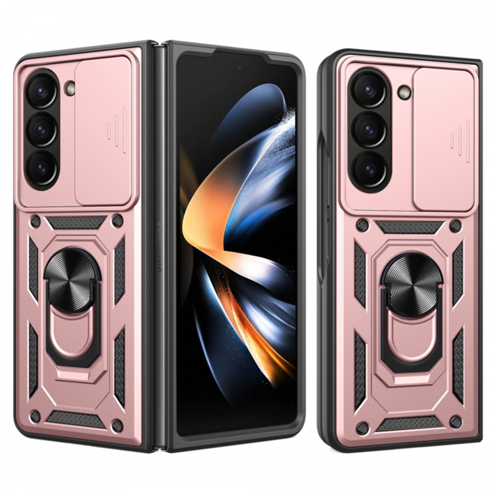 Husa Samsung Galaxy Z Fold5 cu inel magnetic si protectie camera Skyddar CamShield - Rose Gold