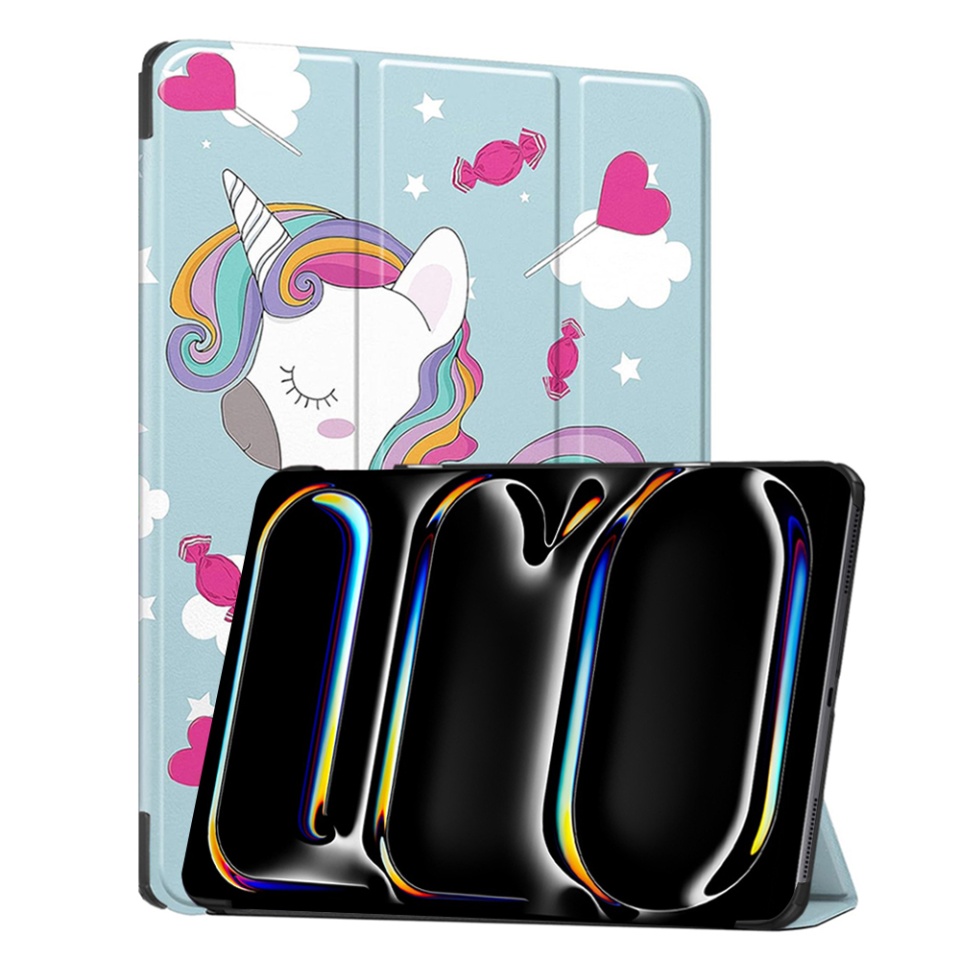 Husa tableta pentru iPad Pro 13 (2024), SKYDDAR INNOVATION, cu suport Multi-Unghi si functie Sleep/Wake, FoldPro, Unicorn, set cu sticker