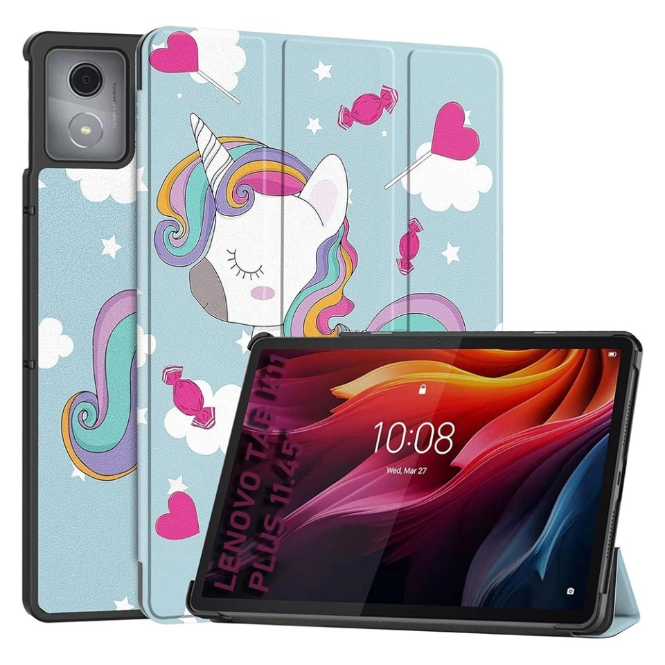 Husa tableta pentru Lenovo Tab K11 Plus, SKYDDAR INNOVATION, cu suport Multi-Unghi si functie Sleep/Wake, FoldPro, Unicorn, set cu sticker