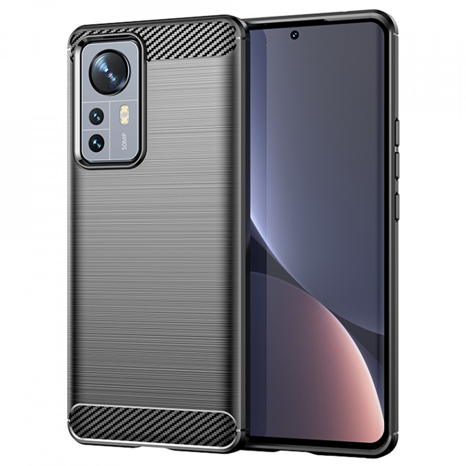 Husa Xiaomi 12 din silicon, Slim, cu textura Fibra Carbon - Negru