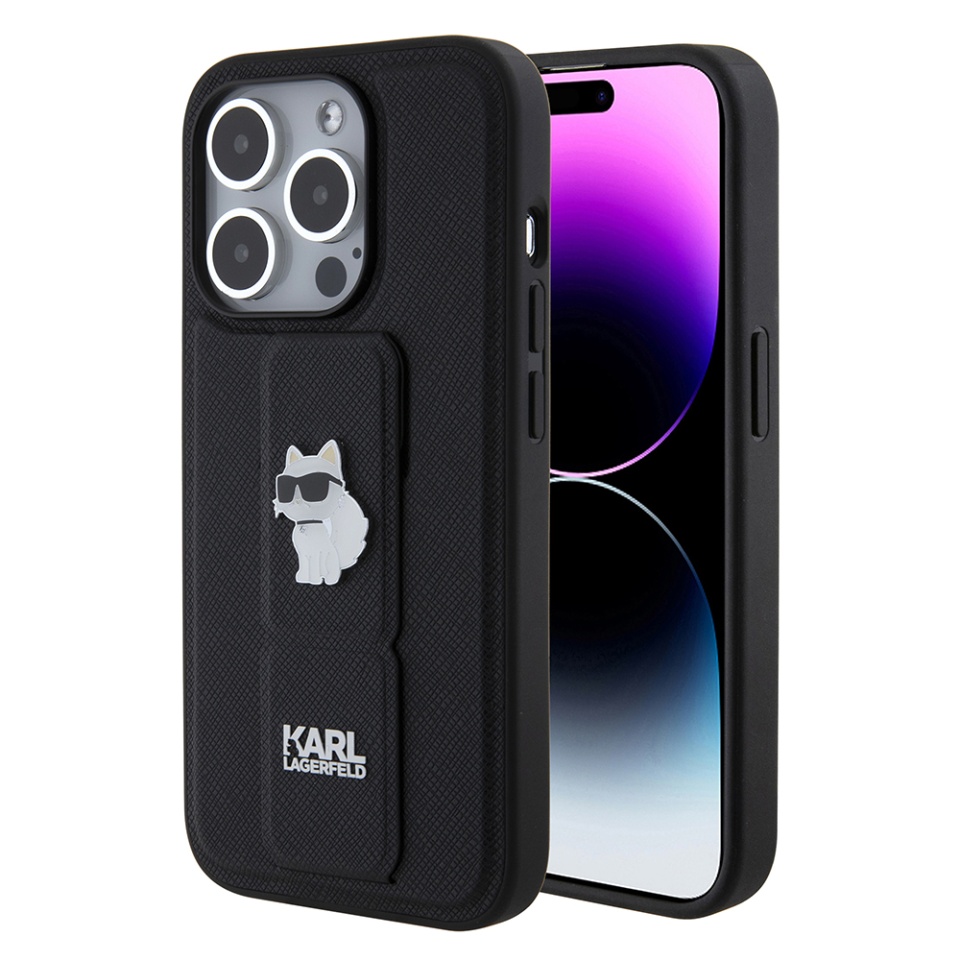 Huse pentru iPhone 15 Pro, Karl Lagerfeld, Saffiano Gripstand, Negru