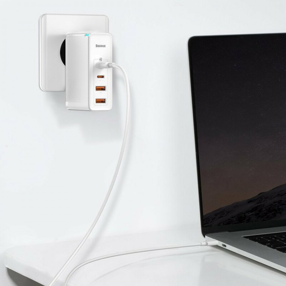 Incarcator 2x USB-C PD 100W, 2x USB-A QC3.0 + Cablu Type-C - Baseus (CCGAN2P-L02) - White - 2 | YEO