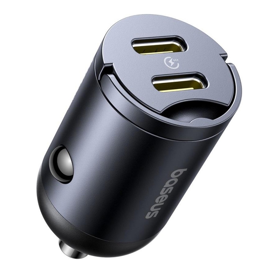 Incarcator Auto 30W, 2x Type-C, desing mini, inel de prindere, 12V la 24V, Baseus Tiny Star Mini, Negru