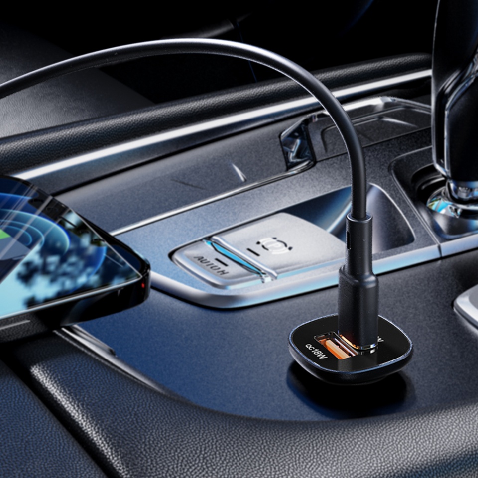 Incarcator Auto 38W, 1x Type-C + 1x USB, PD Fast Charging, LED Light, Design Compact, Acefast B1, Negru - 3 | YEO