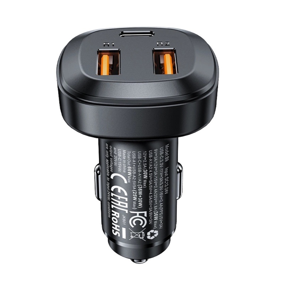 Incarcator Auto 66W, 2x USB + 1x Type-C, Fast Charging, PD3.0, QC4+, Corp Metalic Zinc, Acefast B9, Negru - 2 | YEO
