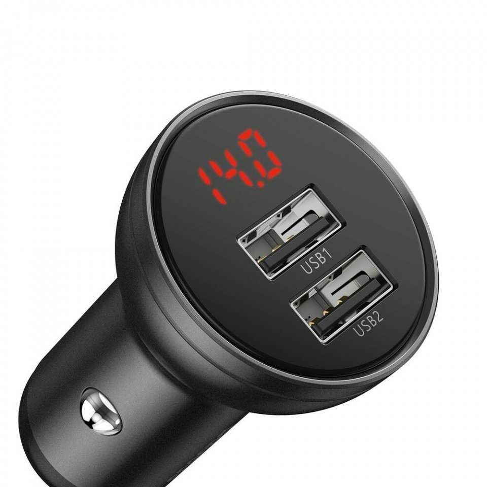 Incarcator auto, display voltaj, 2x USB 4.8 A, 24W, Baseus - Negru - 1 | YEO