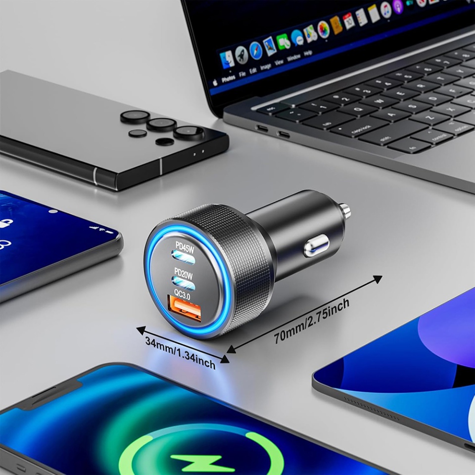 Incarcator Auto Fast Charge Type-C 60W, USB, Lumini LED, Aluminiu, Skyddar DriveBoost, set cu sticker, Argintiu - 2 | YEO