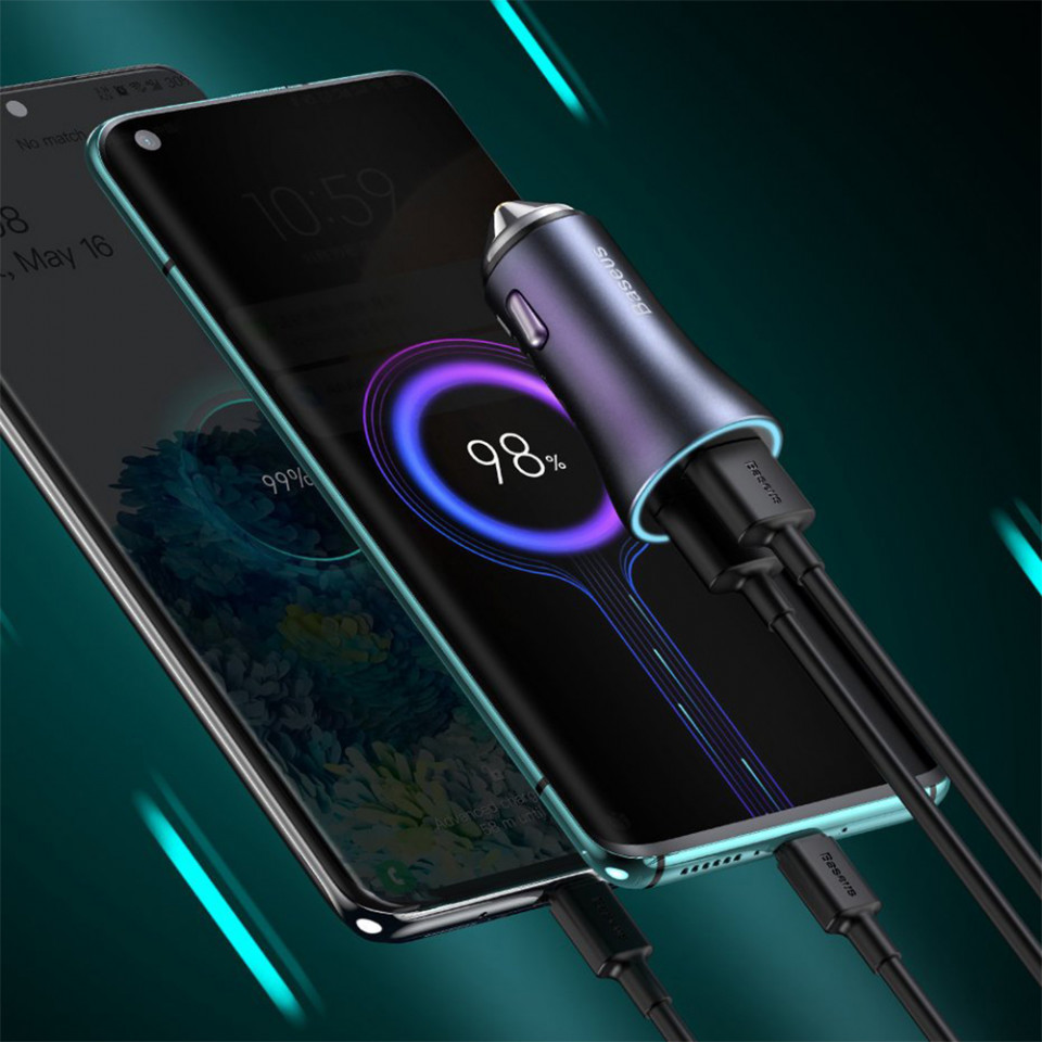 Incarcator auto USB-A, USB-C, 40W cu cablu USB la Type-C, Baseus (TZCCJD-0G) - Gri inchis - 2 | YEO