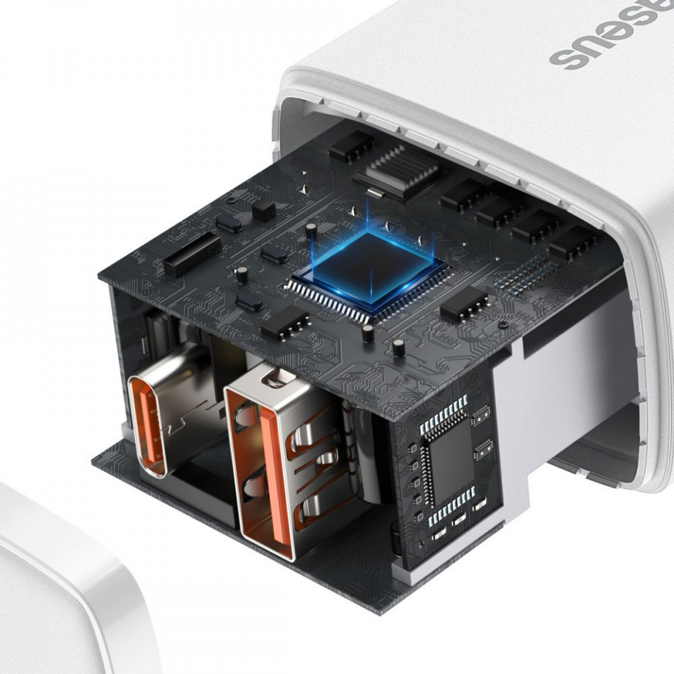 Incarcator priza Compact, USB-C, PD, 20W si USB-A, QC, 3A, Baseus (CCXJ-B02) - Alb - 2 | YEO
