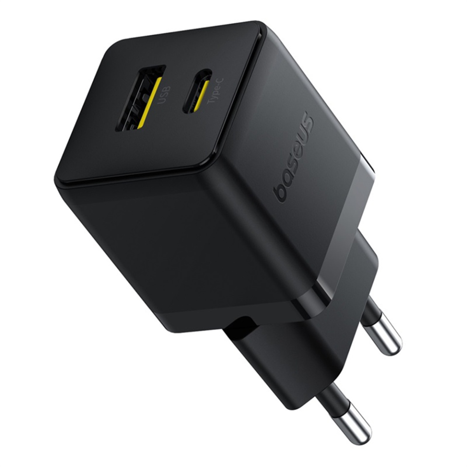 Incarcator Priza cu 2 porturi, Baseus,Type-C Cablu Inclus, Fast Charge, 2in1, USB, USB-C, 30W, 20V/3A, Palm, Negru - 1 | YEO