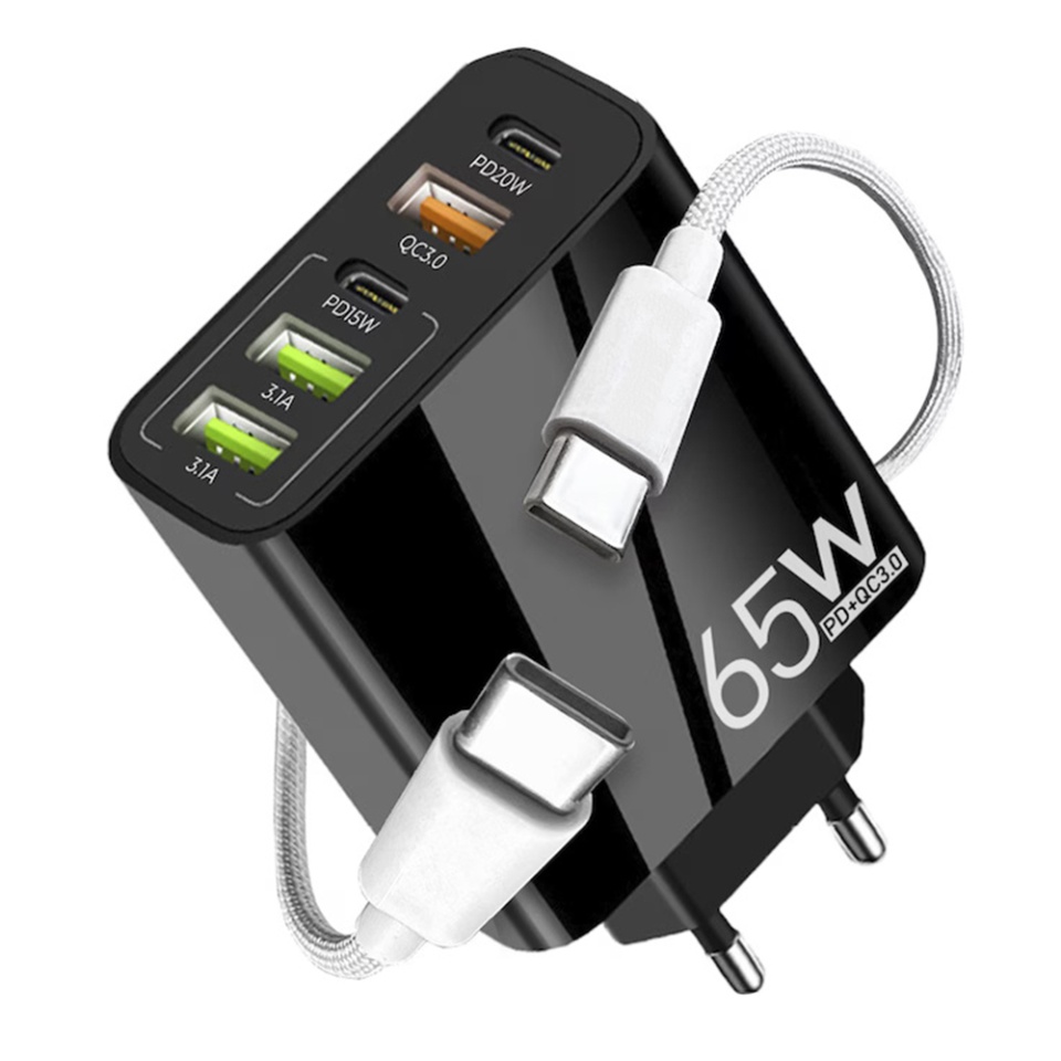 Incarcator Priza cu 5 porturi , Universal, 3x USB QC 3.0, 2x Type-C PD 20W, 65W, GaN, Techsuit PentaXPower (CHC2), Negru, set cu sticker