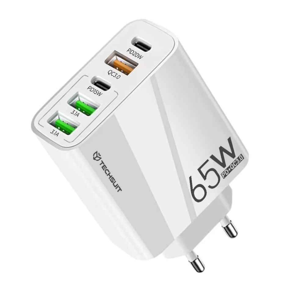 Incarcator Priza cu 5 porturi , Universal, 3x USB QC 3.0, 2x Type-C PD 20W, 65W, GaN, Techsuit PentaXPower (CHC2), Alb - 1 | YEO