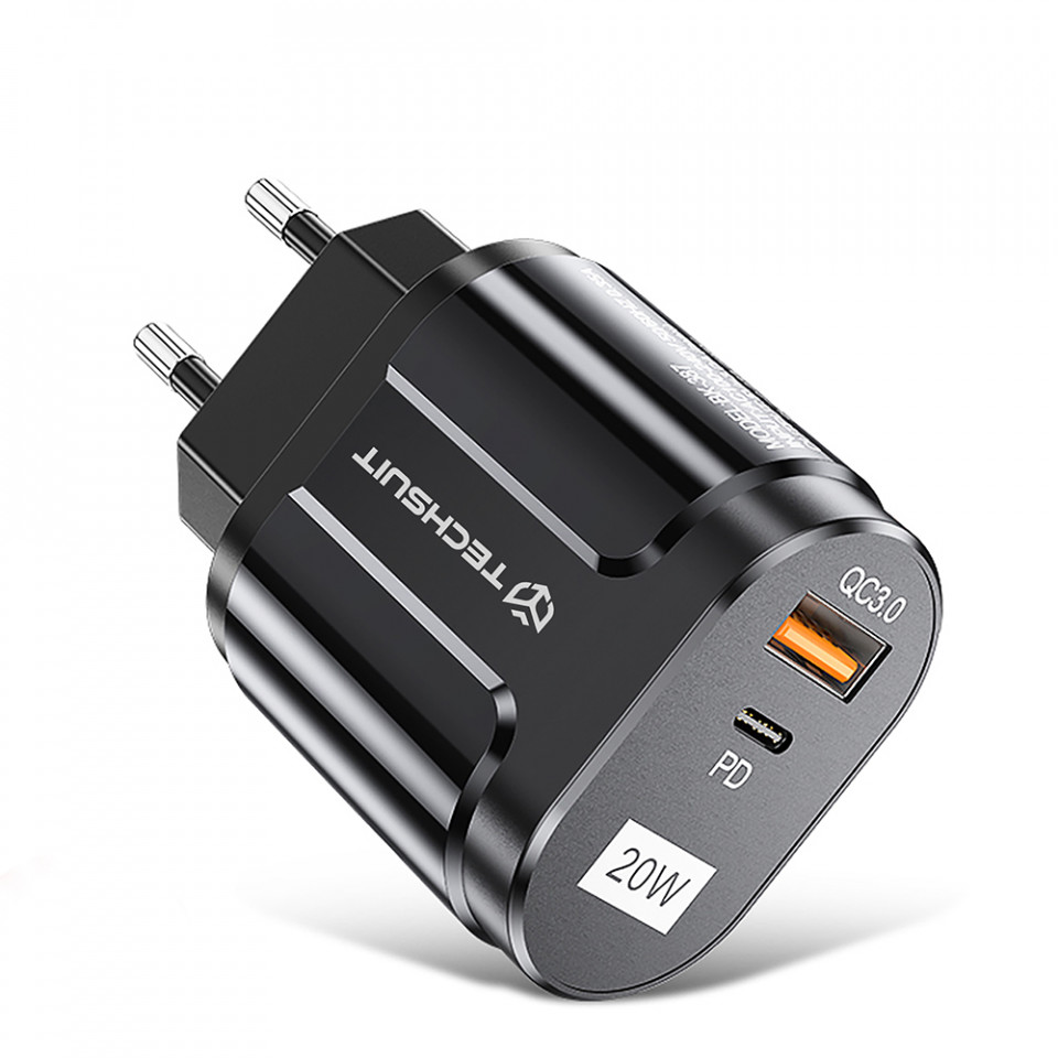 Incarcator priza QC 3.0, 20W, USB-A, USB-C, Techsuit Premium - Negru