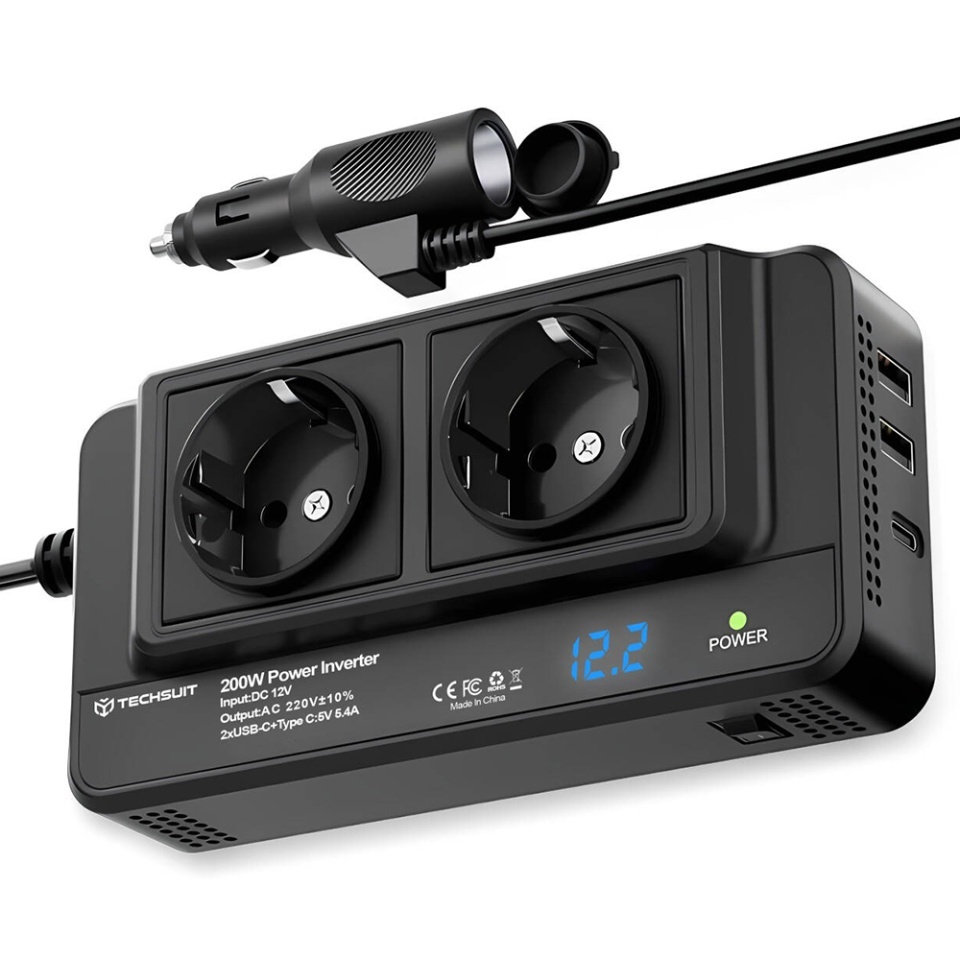 Invertor Auto 220V, Type-C, 2x USB, 2x AC Power Sockets, 200W, Skyddar PowerDriveX, set cu sticker, Negru
