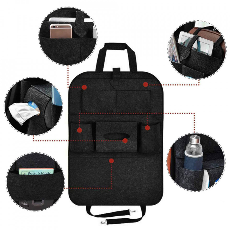 Organizator Auto pentru Tetiera Scaun, 2 Cup Holder, Multiple Buzunare, Universal, Sistem Prindere, Techsuit Car - Negru - 2 | YEO