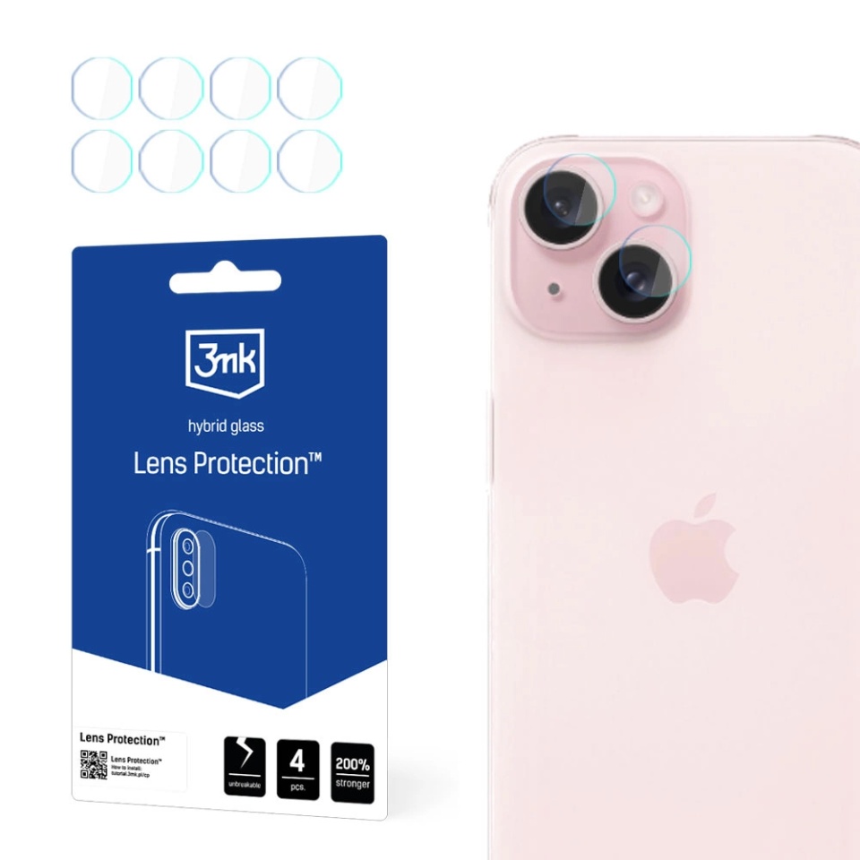 [Pachet 4x] Folie camera pentru iPhone 15, 3mk Lens Protection, Transparenta