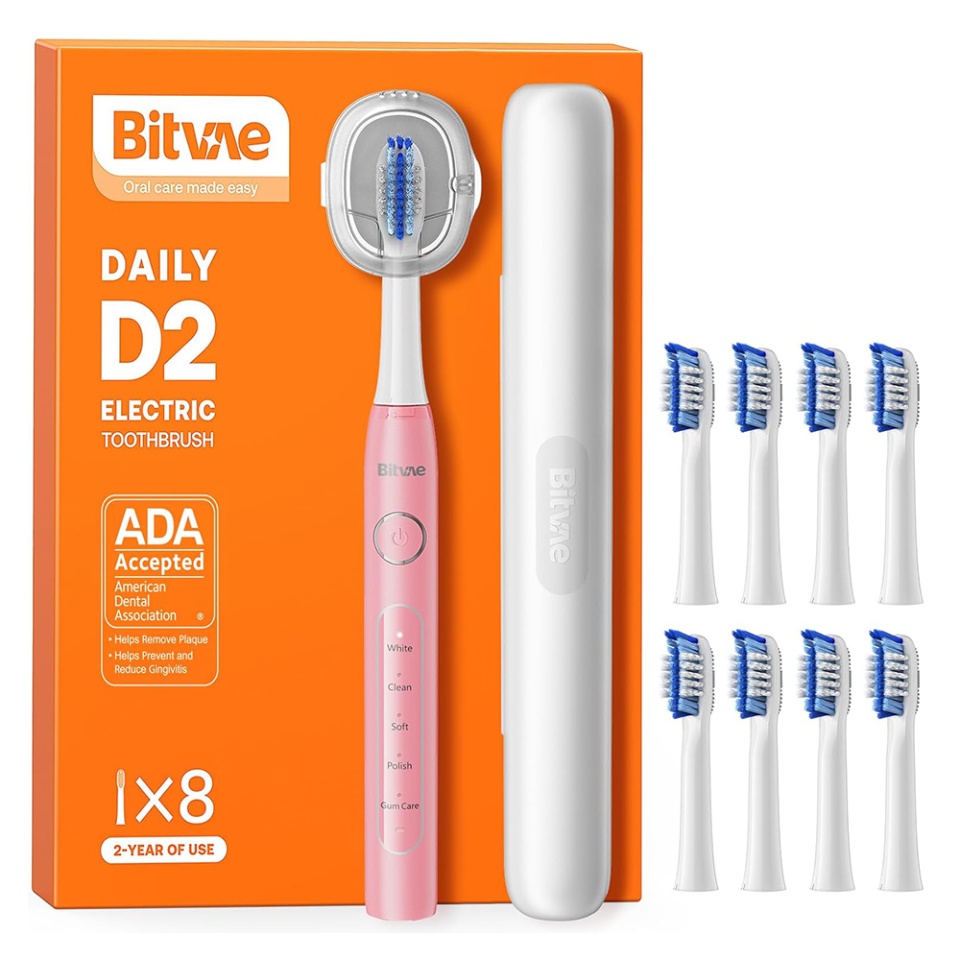 Periuta de dinti electrica Bitvae cu tehnologie ultrasonica, 5 moduri, 8 capete, baterie 60 zile, suport si husa, D2, Roz
